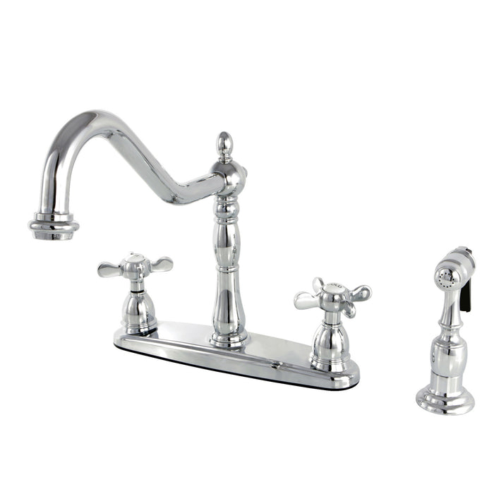 Kingston Heirloom KB1751BEXBS - Essex Two-Handle 4-Hole 8" Centerset Kitchen Faucet with Brass Sprayer, Polished Chrome