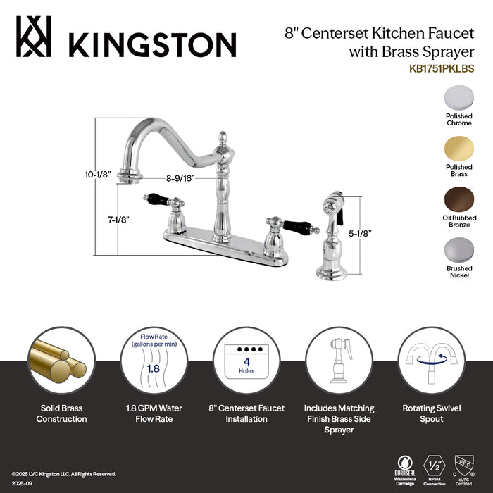 Kingston Heirloom KB1751PKLBS - Duchess Two-Handle 4-Hole 8" Centerset Kitchen Faucet with Brass Sprayer, Polished Chrome