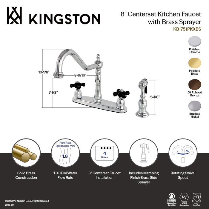 Kingston Heirloom KB1751PKXBS - Duchess Two-Handle 4-Hole 8" Centerset Kitchen Faucet with Brass Sprayer, Polished Chrome