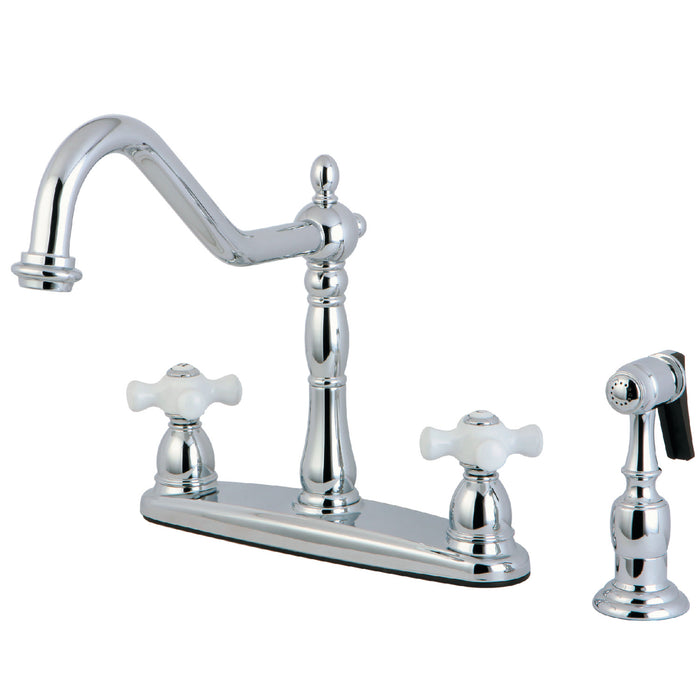Kingston Heirloom KB1751PXBS - Heritage Two-Handle 4-Hole 8" Centerset Kitchen Faucet with Brass Sprayer, Polished Chrome