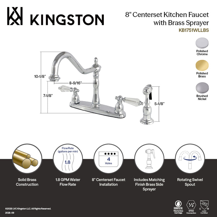 Kingston Heirloom KB1751WLLBS - Wilshire Two-Handle 4-Hole 8" Centerset Kitchen Faucet with Brass Sprayer, Polished Chrome