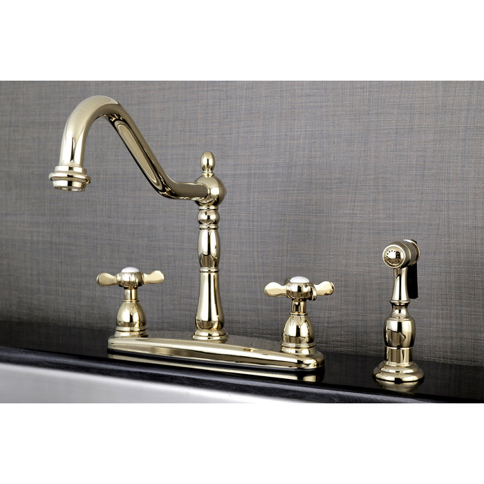 Kingston Heirloom KB1752BEXBS - Essex Two-Handle 4-Hole 8" Centerset Kitchen Faucet with Brass Sprayer, Polished Brass