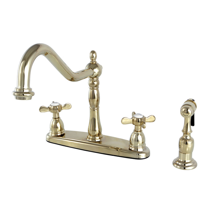 Kingston Heirloom KB1752BEXBS - Essex Two-Handle 4-Hole 8" Centerset Kitchen Faucet with Brass Sprayer, Polished Brass