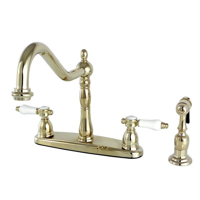 Kingston Heirloom KB1752BPLBS - Bel-Air Two-Handle 4-Hole 8" Centerset Kitchen Faucet with Brass Sprayer, Polished Brass
