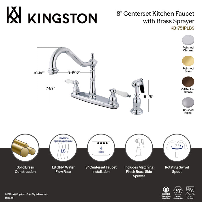 Kingston Heirloom KB1752PLBS - Heritage Two-Handle 4-Hole 8" Centerset Kitchen Faucet with Brass Sprayer, Polished Brass