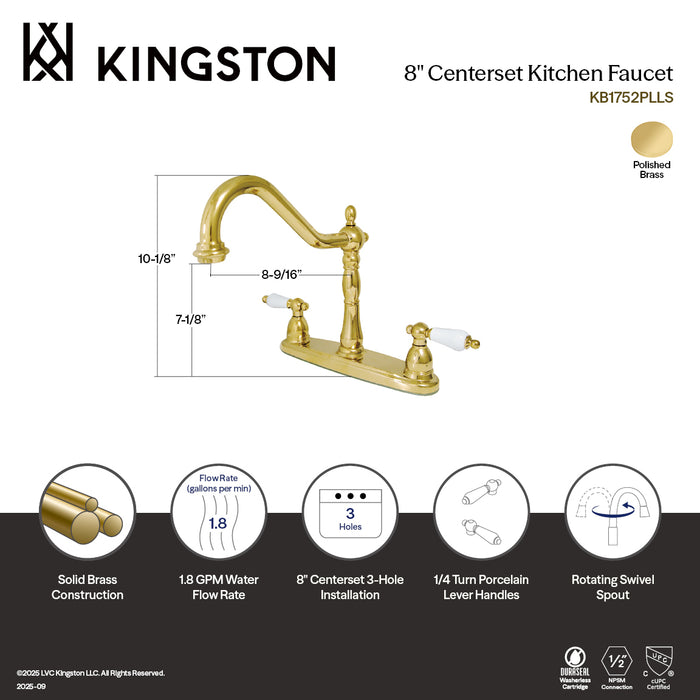 Kingston Heirloom KB1752PLLSTwo-Handle 3-Hole 8" Centerset Kitchen Faucet, Polished Brass