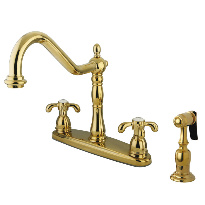 Kingston Heirloom KB1752TXBS - French Country Two-Handle 4-Hole 8" Centerset Kitchen Faucet with Brass Sprayer, Polished Brass