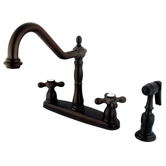 Kingston Heirloom KB1755AXBS - Heritage Two-Handle 4-Hole 8" Centerset Kitchen Faucet with Brass Sprayer, Oil Rubbed Bronze