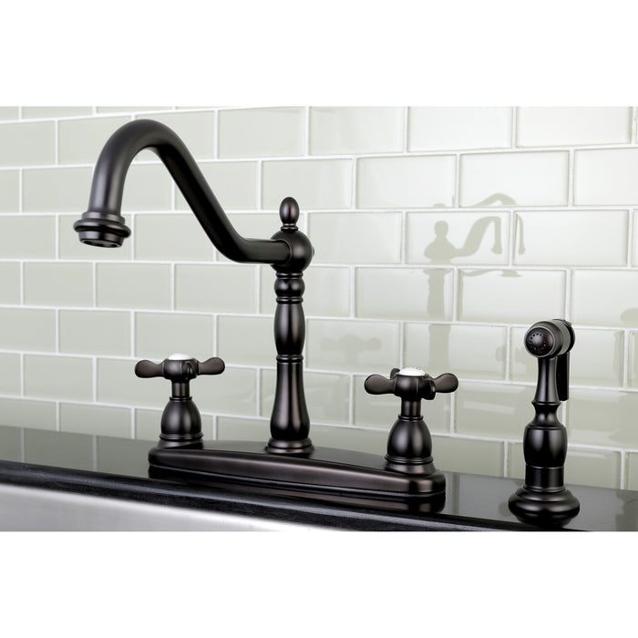 Kingston Heirloom KB1755BEXBS - Essex Two-Handle 4-Hole 8" Centerset Kitchen Faucet with Brass Sprayer, Oil Rubbed Bronze