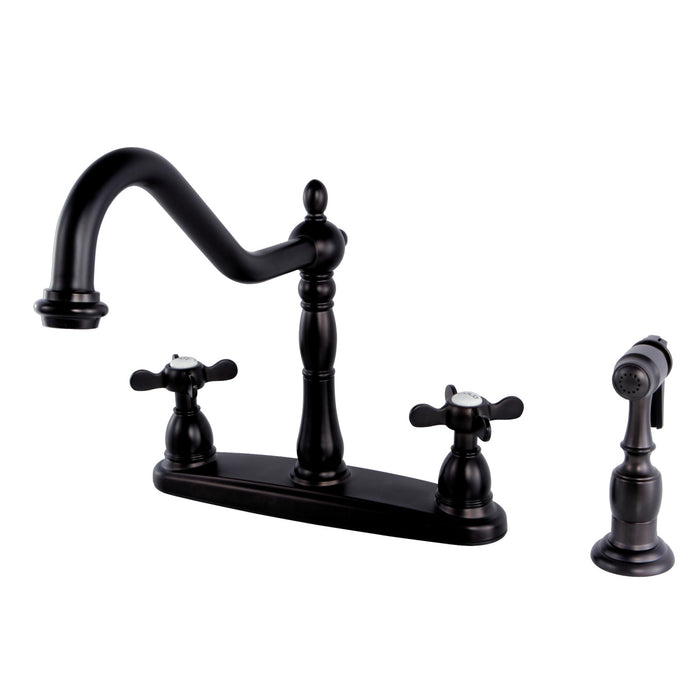 Kingston Heirloom KB1755BEXBS - Essex Two-Handle 4-Hole 8" Centerset Kitchen Faucet with Brass Sprayer, Oil Rubbed Bronze