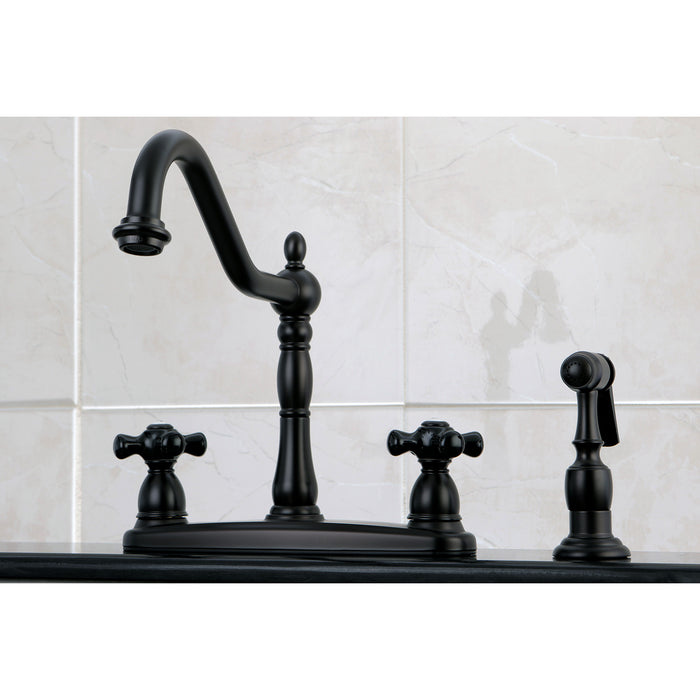 Kingston Heirloom KB1755PKXBS - Duchess Two-Handle 4-Hole 8" Centerset Kitchen Faucet with Brass Sprayer, Oil Rubbed Bronze