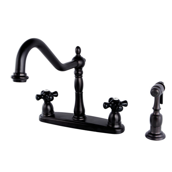 Kingston Heirloom KB1755PKXBS - Duchess Two-Handle 4-Hole 8" Centerset Kitchen Faucet with Brass Sprayer, Oil Rubbed Bronze