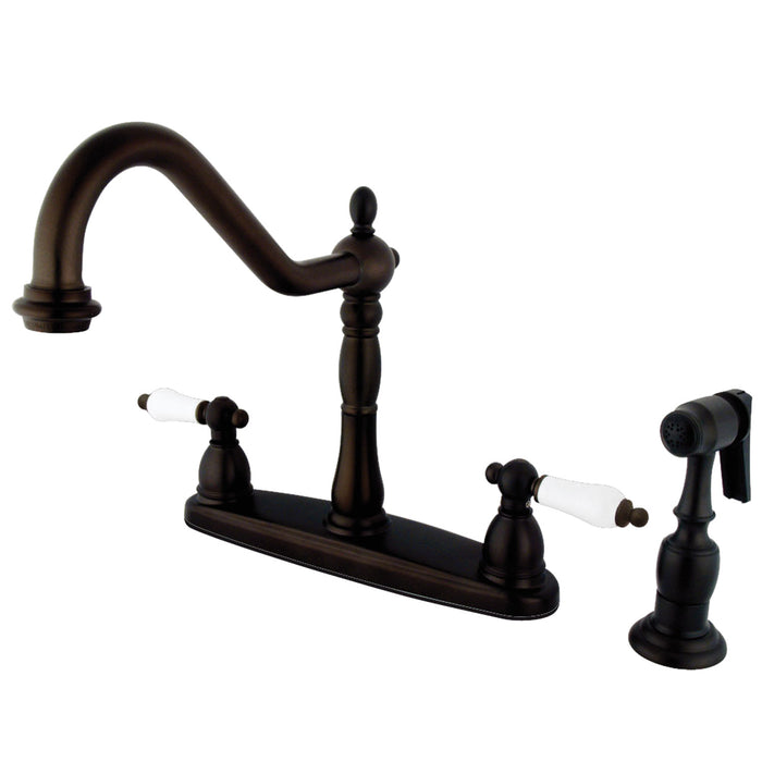 Kingston Heirloom KB1755PLBS - Heritage Two-Handle 4-Hole 8" Centerset Kitchen Faucet with Brass Sprayer, Oil Rubbed Bronze
