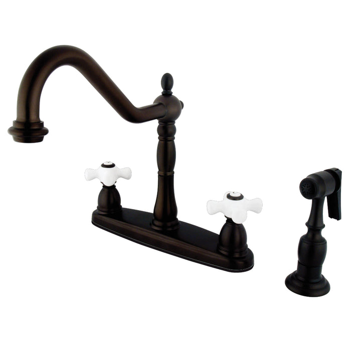 Kingston Heirloom KB1755PXBS - Heritage Two-Handle 4-Hole 8" Centerset Kitchen Faucet with Brass Sprayer, Oil Rubbed Bronze