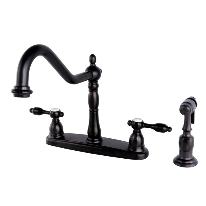 Kingston Heirloom KB1755TALBS - Tudor Two-Handle 4-Hole 8" Centerset Kitchen Faucet with Brass Sprayer, Oil Rubbed Bronze