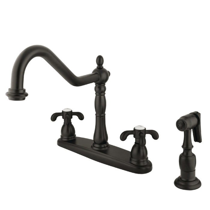 Kingston Heirloom KB1755TXBS - French Country Two-Handle 4-Hole 8" Centerset Kitchen Faucet with Brass Sprayer, Oil Rubbed Bronze