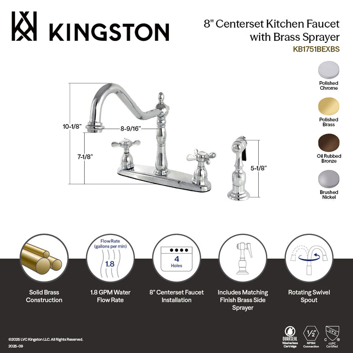 Kingston Heirloom KB1758BEXBS - Essex Two-Handle 4-Hole 8" Centerset Kitchen Faucet with Brass Sprayer, Brushed Nickel