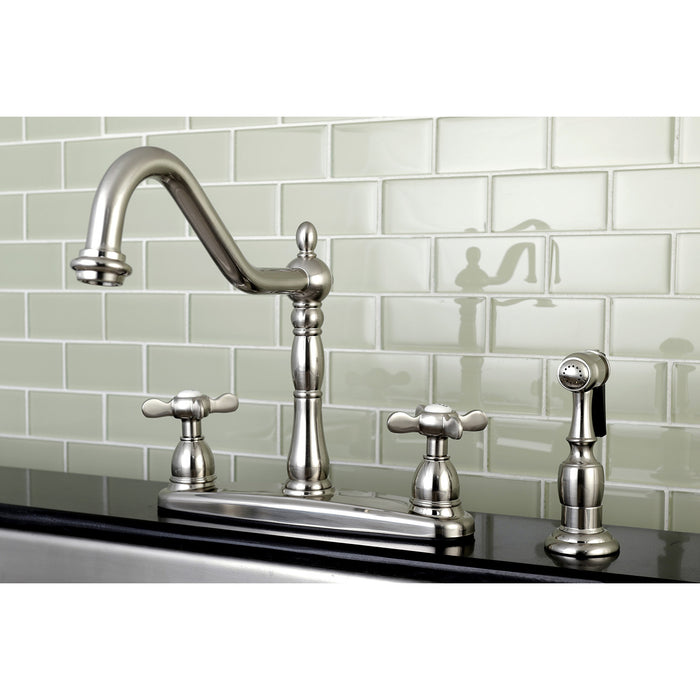 Kingston Heirloom KB1758BEXBS - Essex Two-Handle 4-Hole 8" Centerset Kitchen Faucet with Brass Sprayer, Brushed Nickel