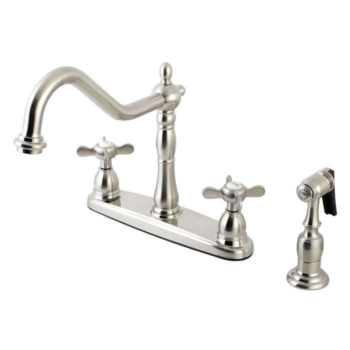Kingston Heirloom KB1758BEXBS - Essex Two-Handle 4-Hole 8" Centerset Kitchen Faucet with Brass Sprayer, Brushed Nickel