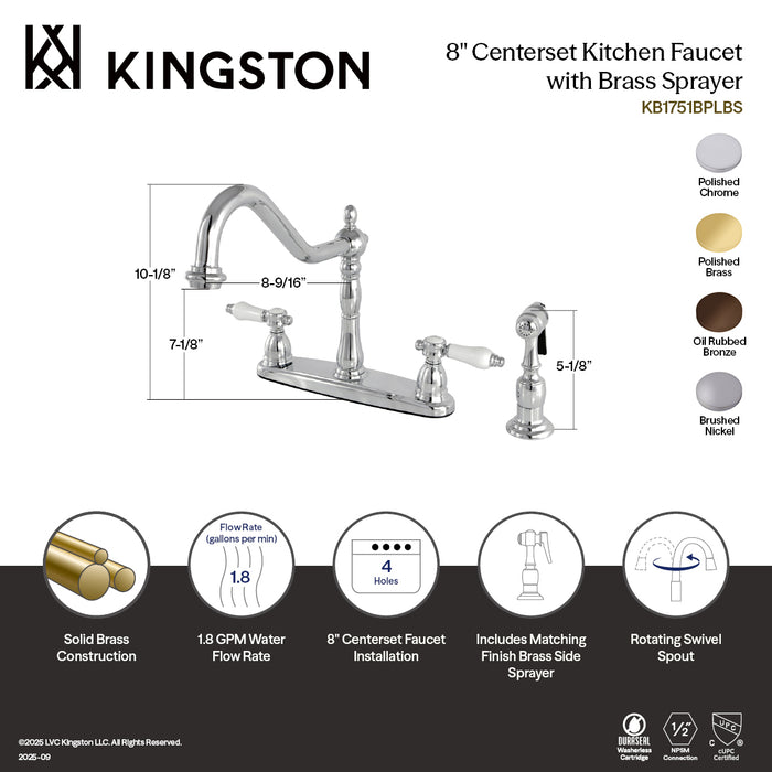 Kingston Heirloom KB1758BPLBS - Bel-Air Two-Handle 4-Hole 8" Centerset Kitchen Faucet with Brass Sprayer, Brushed Nickel