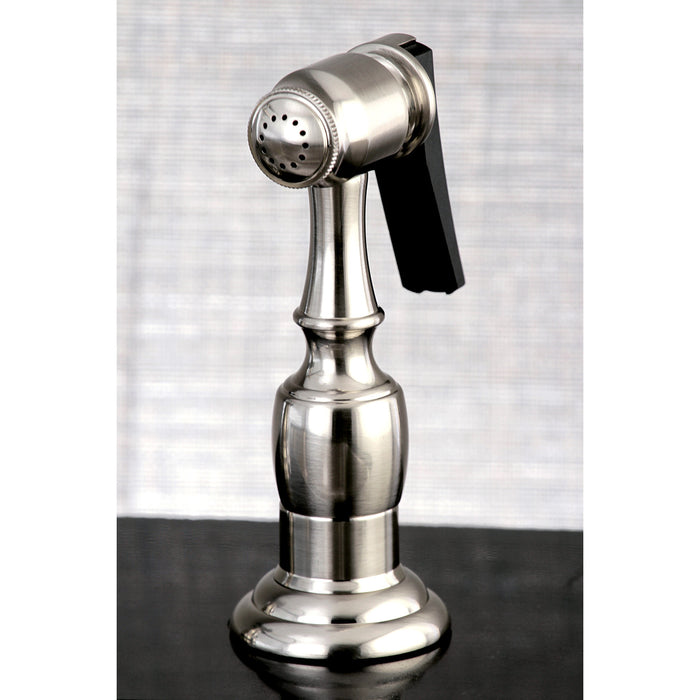 Kingston Heirloom KB1758PKXBS - Duchess Two-Handle 4-Hole 8" Centerset Kitchen Faucet with Brass Sprayer, Brushed Nickel