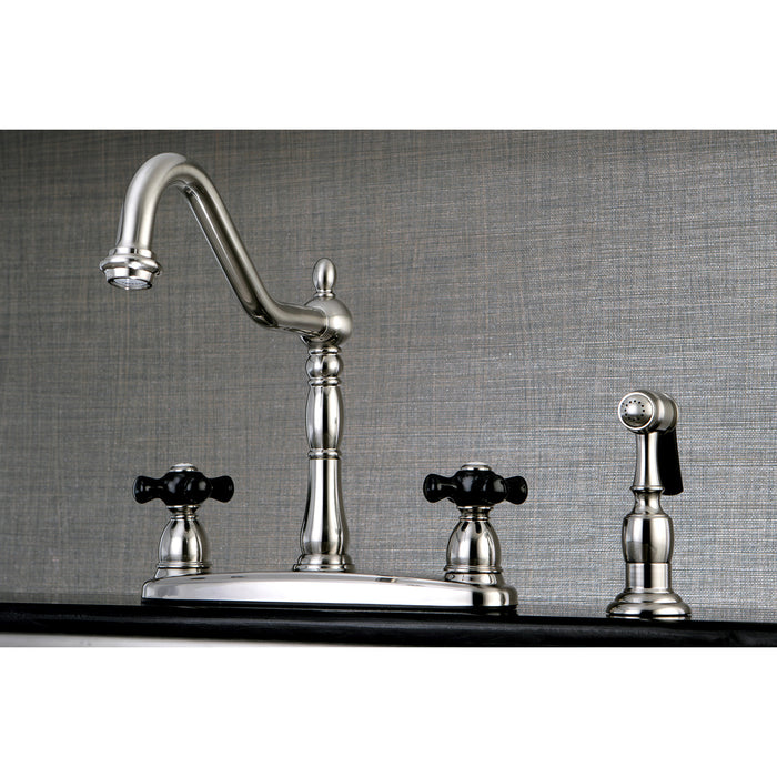 Kingston Heirloom KB1758PKXBS - Duchess Two-Handle 4-Hole 8" Centerset Kitchen Faucet with Brass Sprayer, Brushed Nickel