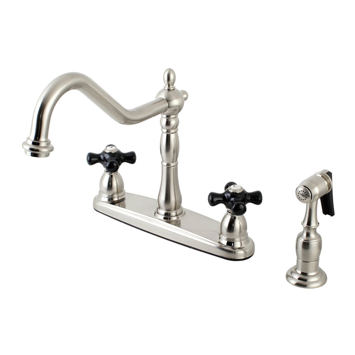 Kingston Heirloom KB1758PKXBS - Duchess Two-Handle 4-Hole 8" Centerset Kitchen Faucet with Brass Sprayer, Brushed Nickel
