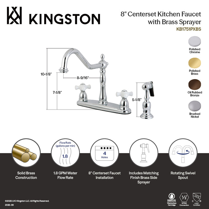 Kingston Heirloom KB1758PXBS - Heritage Two-Handle 4-Hole 8" Centerset Kitchen Faucet with Brass Sprayer, Brushed Nickel