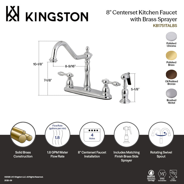 Kingston Heirloom KB1758TALBS - Tudor Two-Handle 4-Hole 8" Centerset Kitchen Faucet with Brass Sprayer, Brushed Nickel
