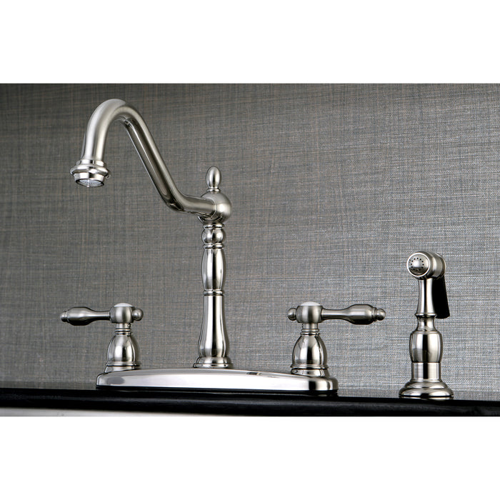 Kingston Heirloom KB1758TALBS - Tudor Two-Handle 4-Hole 8" Centerset Kitchen Faucet with Brass Sprayer, Brushed Nickel