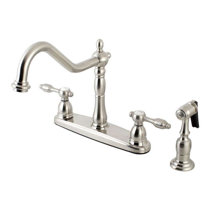 Kingston Heirloom KB1758TALBS - Tudor Two-Handle 4-Hole 8" Centerset Kitchen Faucet with Brass Sprayer, Brushed Nickel