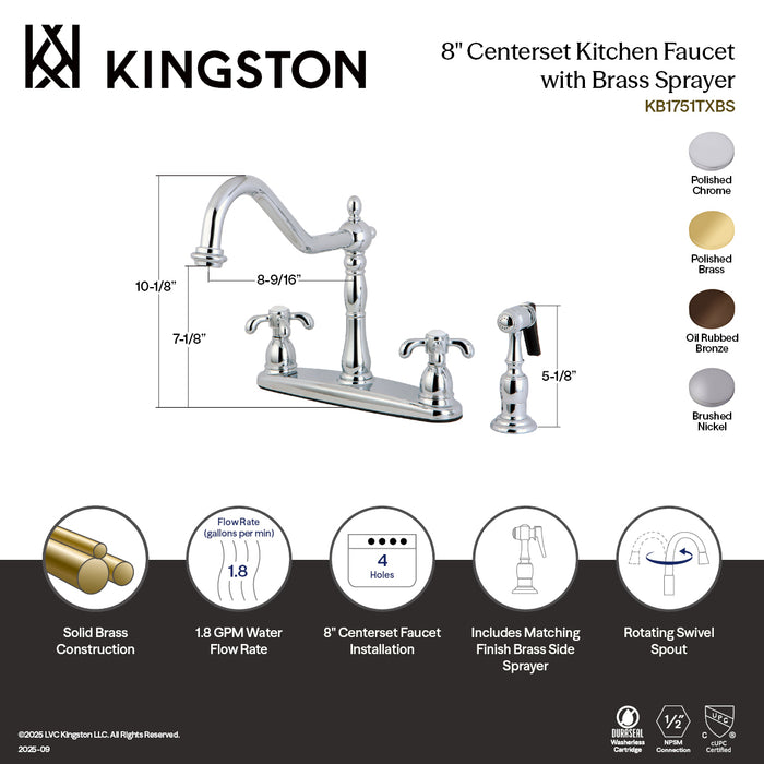 Kingston Heirloom KB1758TXBS - French Country Two-Handle 4-Hole 8" Centerset Kitchen Faucet with Brass Sprayer, Brushed Nickel