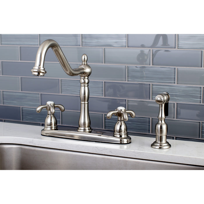 Kingston Heirloom KB1758TXBS - French Country Two-Handle 4-Hole 8" Centerset Kitchen Faucet with Brass Sprayer, Brushed Nickel
