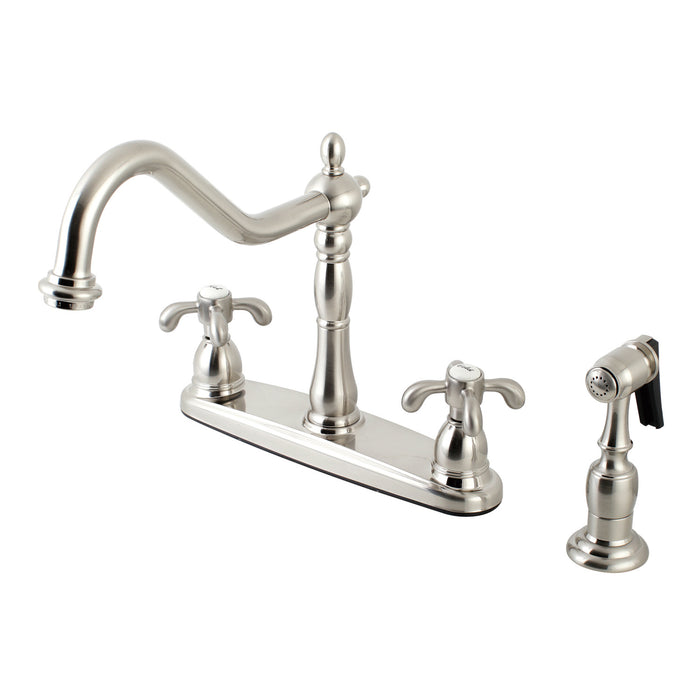 Kingston Heirloom KB1758TXBS - French Country Two-Handle 4-Hole 8" Centerset Kitchen Faucet with Brass Sprayer, Brushed Nickel