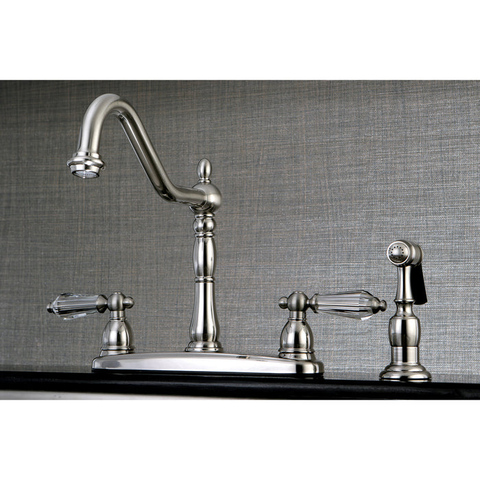 Kingston Heirloom KB1758WLLBS - Wilshire Two-Handle 4-Hole 8" Centerset Kitchen Faucet with Brass Sprayer, Brushed Nickel