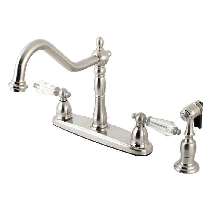 Kingston Heirloom KB1758WLLBS - Wilshire Two-Handle 4-Hole 8" Centerset Kitchen Faucet with Brass Sprayer, Brushed Nickel