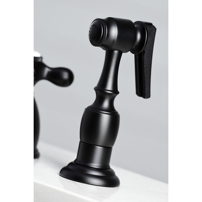 Kingston Heirloom KB1790AXBS - Heritage Double-Handle 4-Hole Widespread Kitchen Faucet with Brass Sprayer, Matte Black