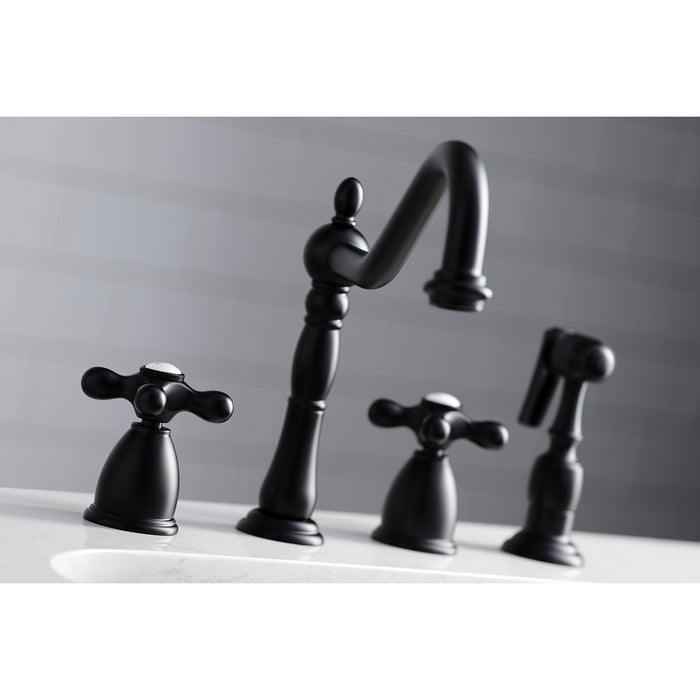 Kingston Heirloom KB1790AXBS - Heritage Double-Handle 4-Hole Widespread Kitchen Faucet with Brass Sprayer, Matte Black