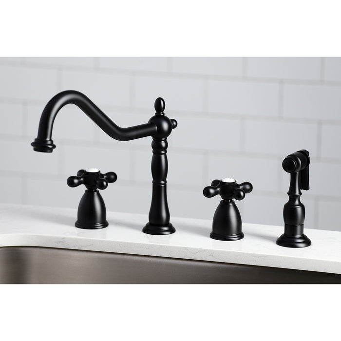 Kingston Heirloom KB1790AXBS - Heritage Double-Handle 4-Hole Widespread Kitchen Faucet with Brass Sprayer, Matte Black