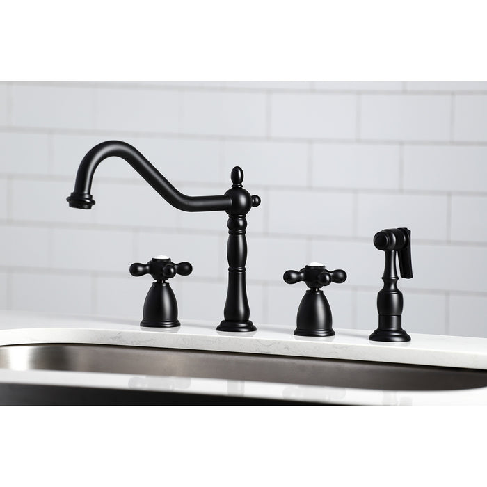 Kingston Heirloom KB1790AXBS - Heritage Double-Handle 4-Hole Widespread Kitchen Faucet with Brass Sprayer, Matte Black