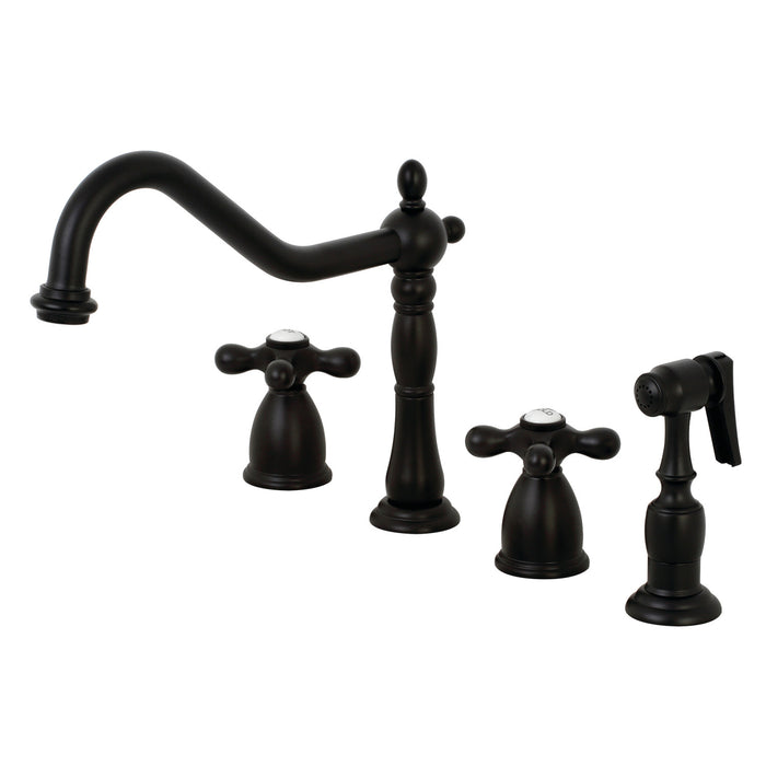 Kingston Heirloom KB1790AXBS - Heritage Double-Handle 4-Hole Widespread Kitchen Faucet with Brass Sprayer, Matte Black