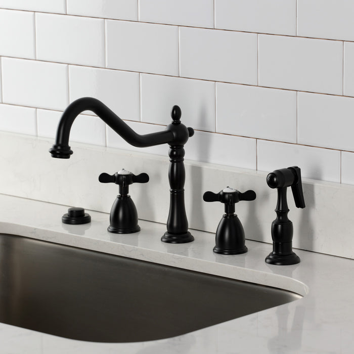 Kingston Heirloom KB1790BEXBS - Essex Double-Handle 4-Hole Widespread Kitchen Faucet with Brass Sprayer, Matte Black