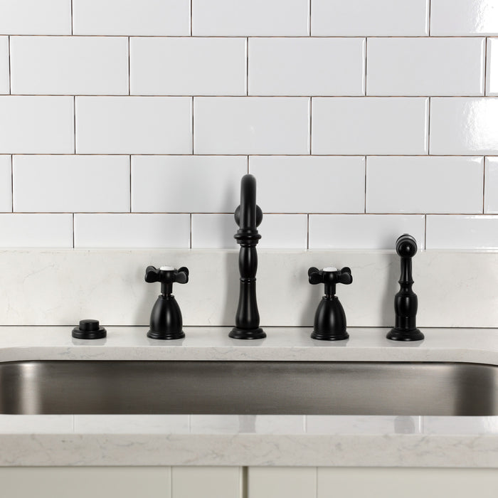 Kingston Heirloom KB1790BEXBS - Essex Double-Handle 4-Hole Widespread Kitchen Faucet with Brass Sprayer, Matte Black