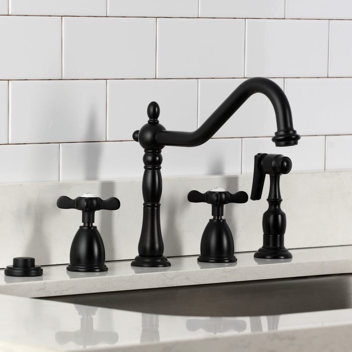 Kingston Heirloom KB1790BEXBS - Essex Double-Handle 4-Hole Widespread Kitchen Faucet with Brass Sprayer, Matte Black