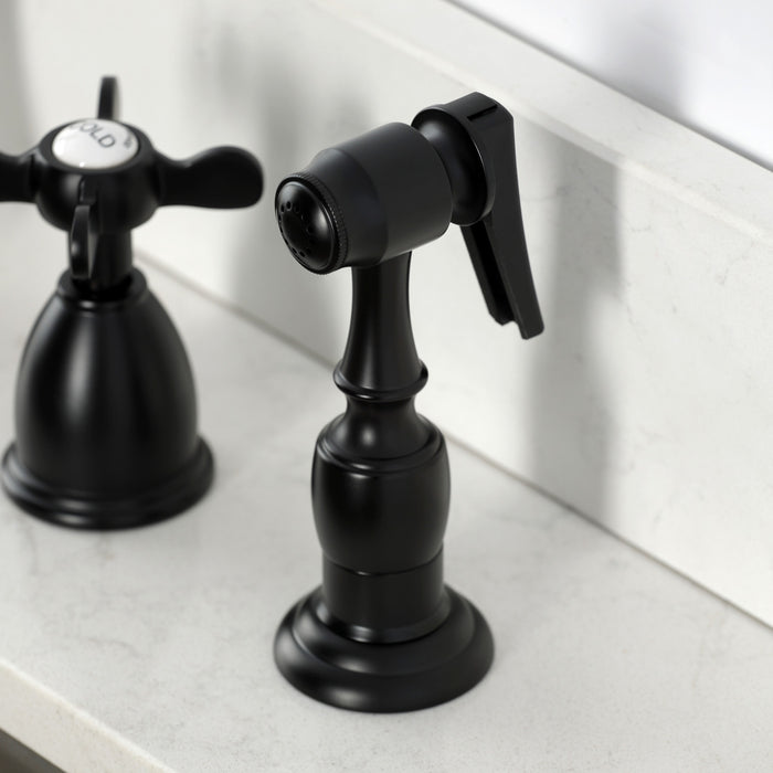 Kingston Heirloom KB1790BEXBS - Essex Double-Handle 4-Hole Widespread Kitchen Faucet with Brass Sprayer, Matte Black