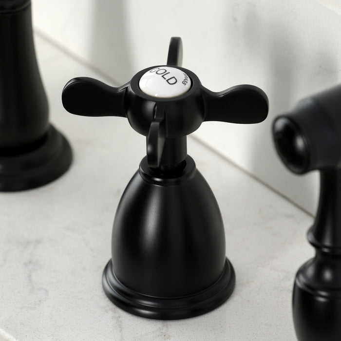 Kingston Heirloom KB1790BEXBS - Essex Double-Handle 4-Hole Widespread Kitchen Faucet with Brass Sprayer, Matte Black