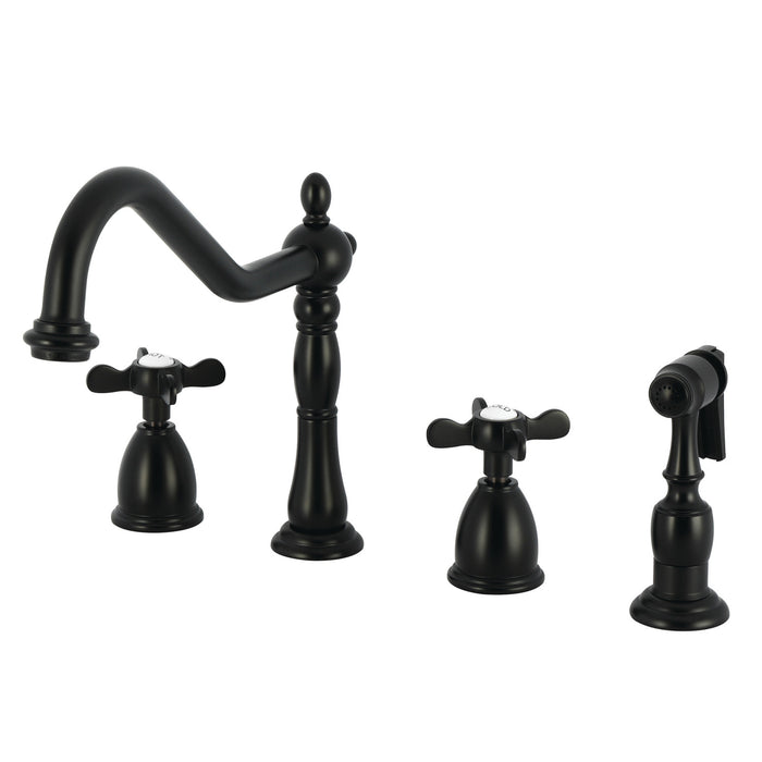 Kingston Heirloom KB1790BEXBS - Essex Double-Handle 4-Hole Widespread Kitchen Faucet with Brass Sprayer, Matte Black