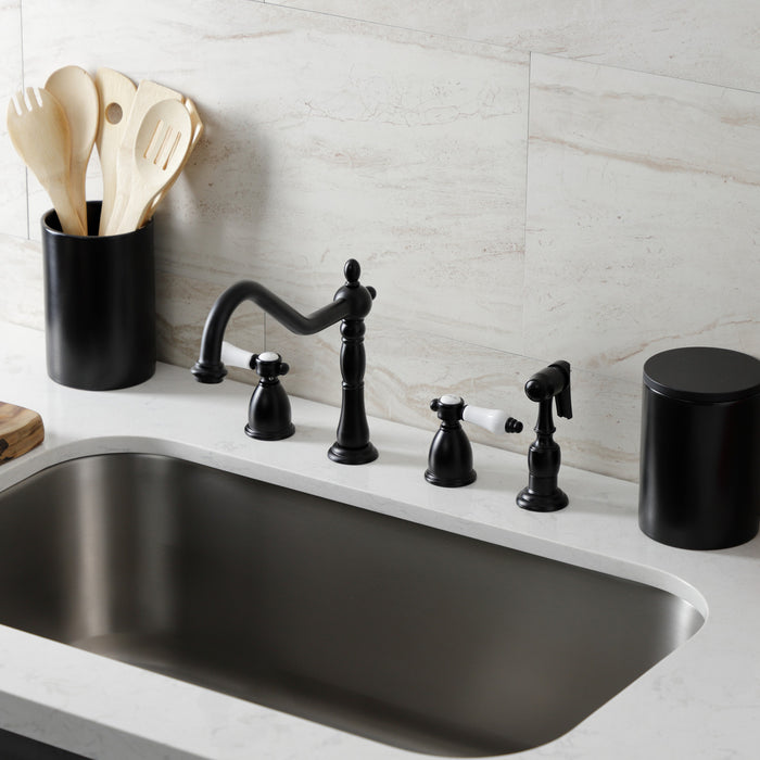 Kingston Heirloom KB1790BPLBS - Bel-Air Double-Handle Widespread Kitchen Faucet with Brass Sprayer, Matte Black