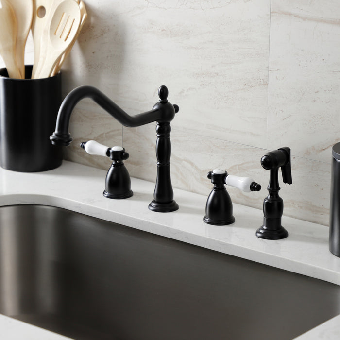 Kingston Heirloom KB1790BPLBS - Bel-Air Double-Handle Widespread Kitchen Faucet with Brass Sprayer, Matte Black