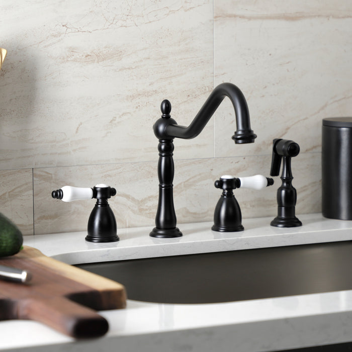 Kingston Heirloom KB1790BPLBS - Bel-Air Double-Handle Widespread Kitchen Faucet with Brass Sprayer, Matte Black